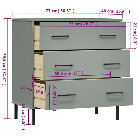 vidaXL Sideboard OSLO mit 3 Schubladen Grau 77x40x79,5 cm Massivholz