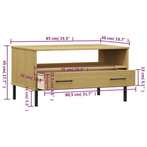 vidaXL Couchtisch OSLO mit Metallbeinen Braun 85x50x45 cm Massivholz