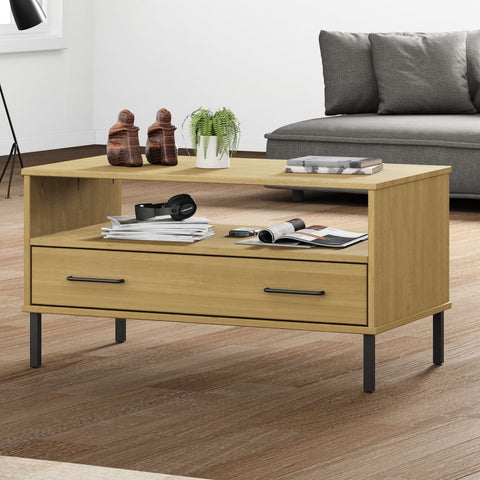 vidaXL Couchtisch OSLO mit Metallbeinen Braun 85x50x45 cm Massivholz