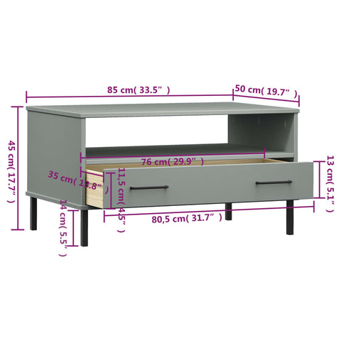 vidaXL Couchtisch OSLO mit Metallbeinen Grau 85x50x45 cm Massivholz