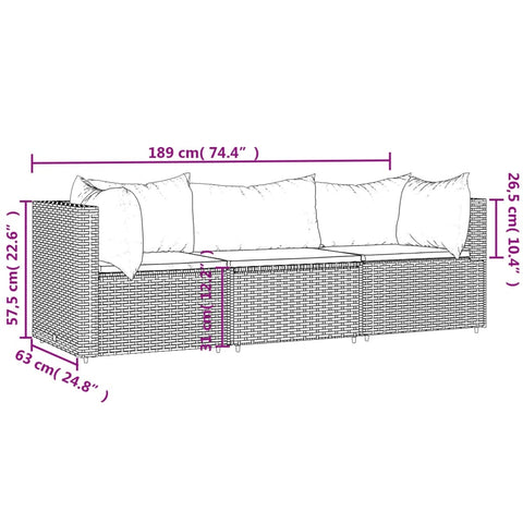 3-tlg. Garten-Lounge-Set mit Kissen Schwarz Poly Rattan