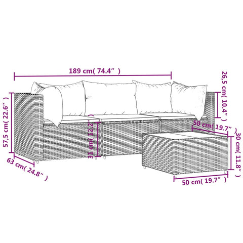 4-tlg. Garten-Lounge-Set mit Kissen Schwarz Poly Rattan