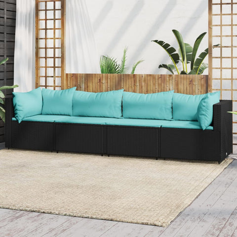 4-tlg. Garten-Lounge-Set mit Kissen Schwarz Poly Rattan