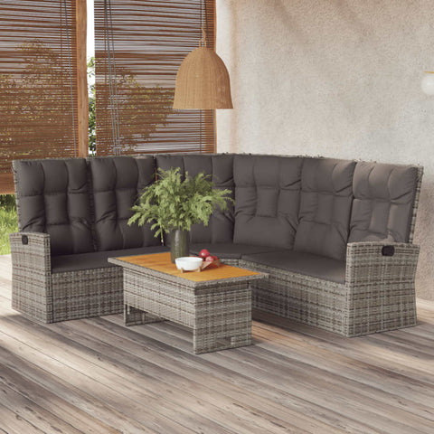 Ecksofa mit Liegefunktion und Kissen Grau Poly Rattan