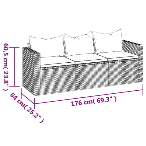 vidaXL Gartensofa 3-Sitzer mit Kissen Braun Poly Rattan