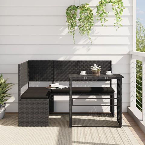 vidaXL Gartensofa in L-Form mit Tisch und Kissen Schwarz Poly Rattan