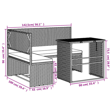 vidaXL Gartensofa in L-Form mit Tisch und Kissen Grau Poly Rattan