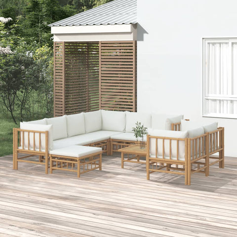 10-tlg. Garten-Lounge-Set mit Cremeweißen Kissen Bambus