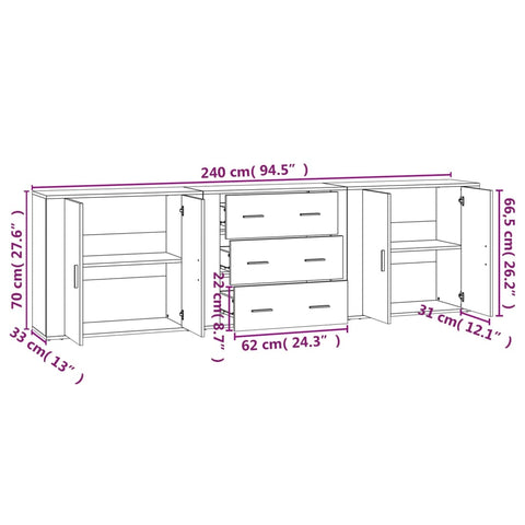 vidaXL Sideboards 3 Stk. Weiß Holzwerkstoff