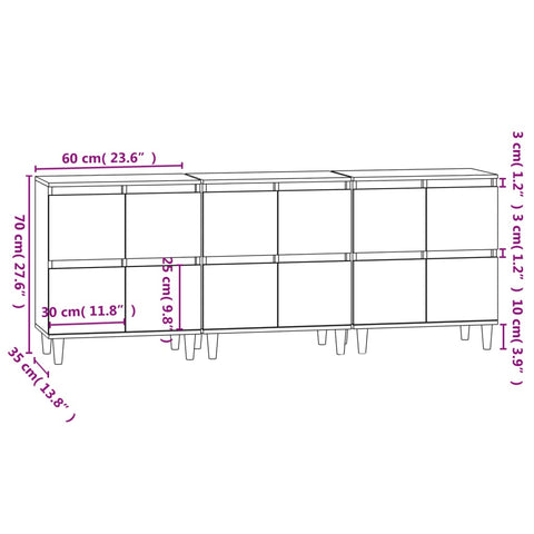 Sideboards 3 Stk. Räuchereiche 60x35x70 cm Holzwerkstoff