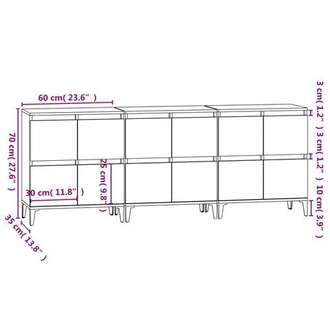 vidaXL Sideboards 3 Stk. Weiß 60x35x70 cm Holzwerkstoff