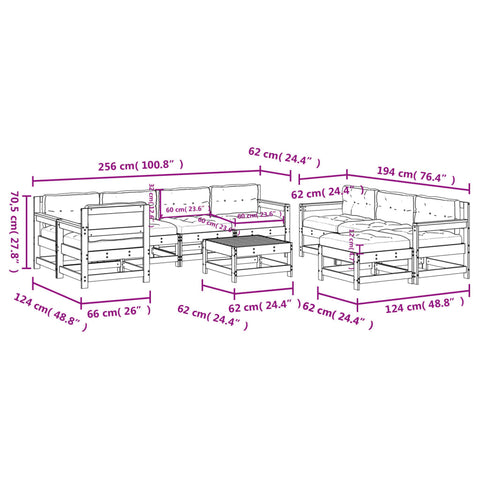 10-tlg. Garten-Lounge-Set mit Kissen Grau Massivholz