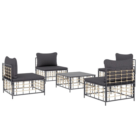 5-tlg. Garten-Lounge-Set mit Kissen Anthrazit Poly Rattan