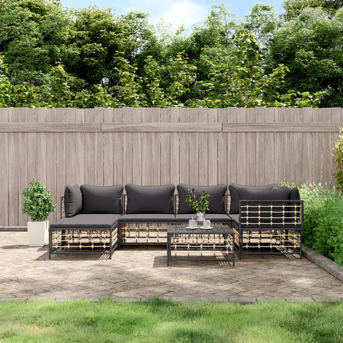 7-tlg. Garten-Lounge-Set mit Kissen Anthrazit Poly Rattan