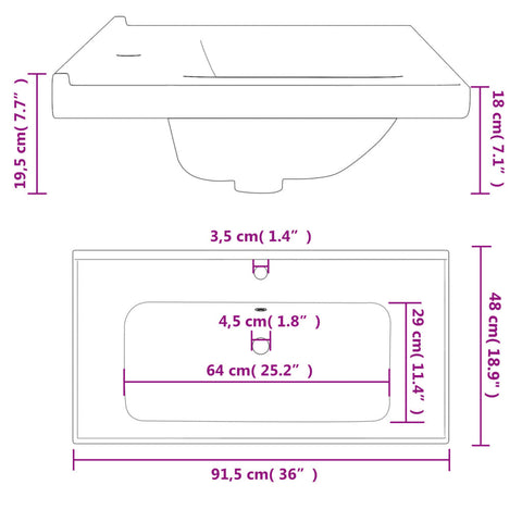 vidaXL Waschbecken Weiß 91,5x48x19,5 cm Rechteckig Keramik