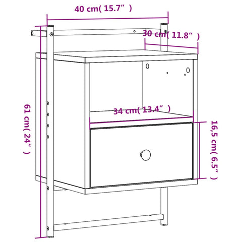 vidaXL Wand-Nachttisch Sonoma-Eiche 40x30x61 cm Holzwerkstoff