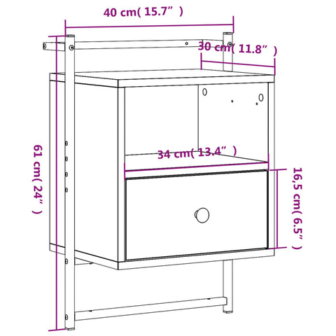 vidaXL Wand-Nachttisch Grau Sonoma 40x30x61 cm Holzwerkstoff