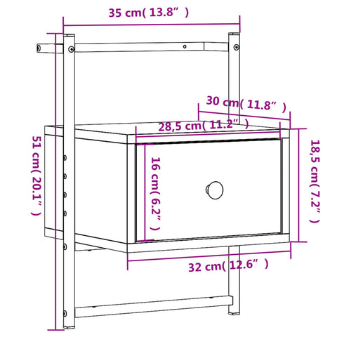 vidaXL Wand-Nachttisch Grau Sonoma 35x30x51 cm Holzwerkstoff