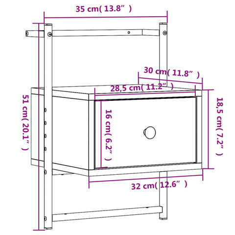 vidaXL Wand-Nachttisch Braun Eiche 35x30x51 cm Holzwerkstoff