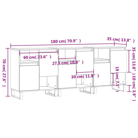 vidaXL Sideboards 3 Stk. Weiß Holzwerkstoff