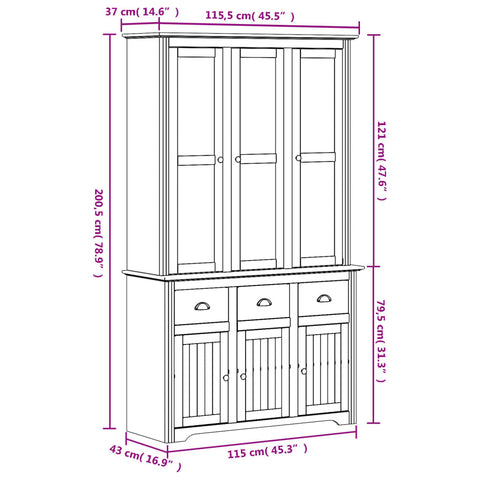 Highboard BODO Weiß 115,5x43x200,5 cm Massivholz Kiefer