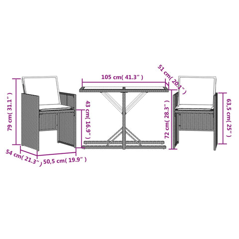 3-tlg. Bistro-Set mit Kissen Grau Poly Rattan