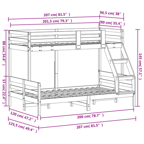 Etagenbett 90x200/120x200 cm Massivholz Kiefer