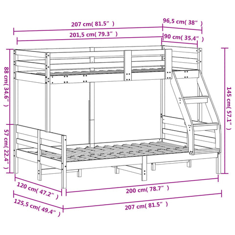 Etagenbett 90x200/120x200 cm Weiß Massivholz Kiefer