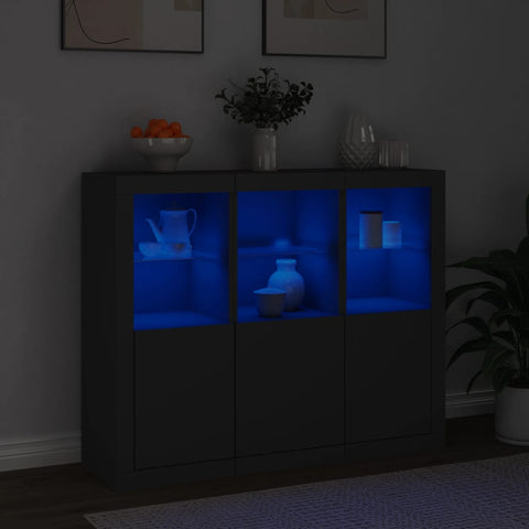 vidaXL Sideboards mit LED-Leuchten 3 Stk. Schwarz Holzwerkstoff