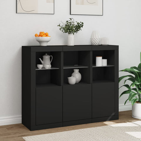 vidaXL Sideboards mit LED-Leuchten 3 Stk. Schwarz Holzwerkstoff