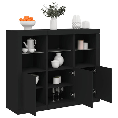 vidaXL Sideboards mit LED-Leuchten 3 Stk. Schwarz Holzwerkstoff