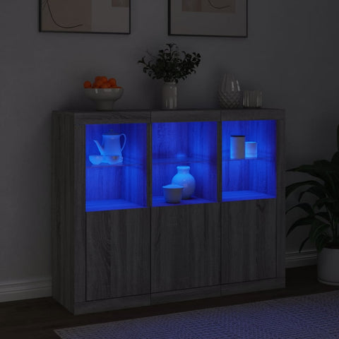 vidaXL Sideboards mit LED-Leuchten 3 Stk. Grau Sonoma Holzwerkstoff