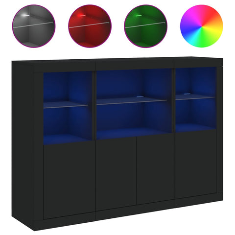 vidaXL Sideboards mit LED-Leuchten 3 Stk. Schwarz Holzwerkstoff