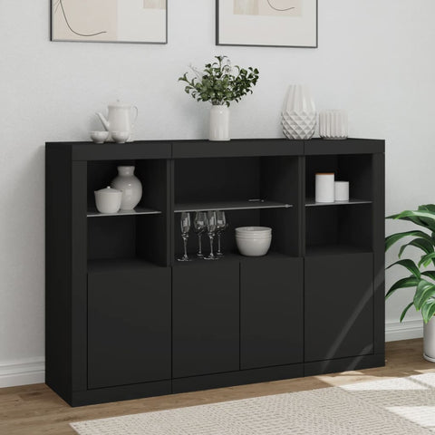 vidaXL Sideboards mit LED-Leuchten 3 Stk. Schwarz Holzwerkstoff