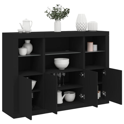 vidaXL Sideboards mit LED-Leuchten 3 Stk. Schwarz Holzwerkstoff