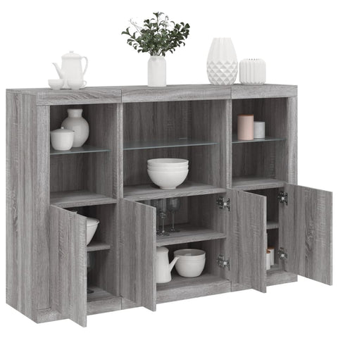 vidaXL Sideboards mit LED-Leuchten 3 Stk. Grau Sonoma Holzwerkstoff