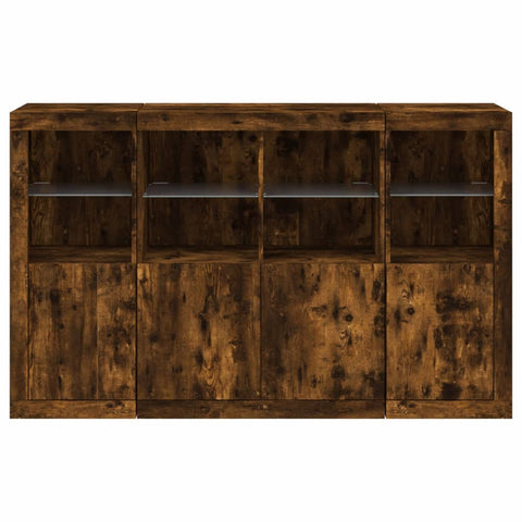 Sideboards mit LED-Leuchten 3 Stk. Räuchereiche Holzwerkstoff