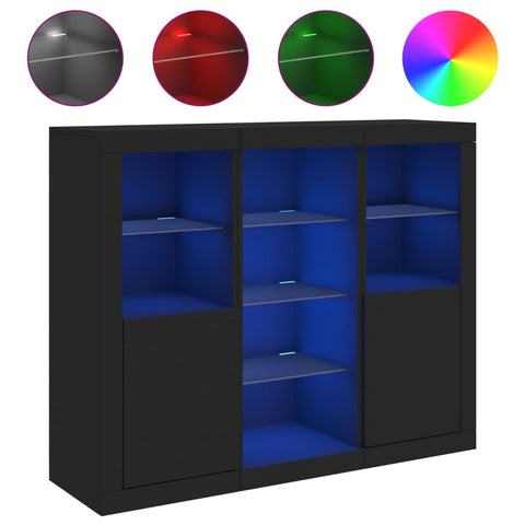 vidaXL Sideboards mit LED-Leuchten 3 Stk. Schwarz Holzwerkstoff