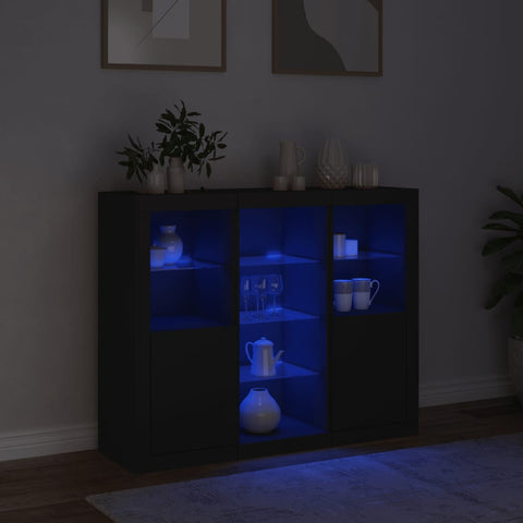 vidaXL Sideboards mit LED-Leuchten 3 Stk. Schwarz Holzwerkstoff