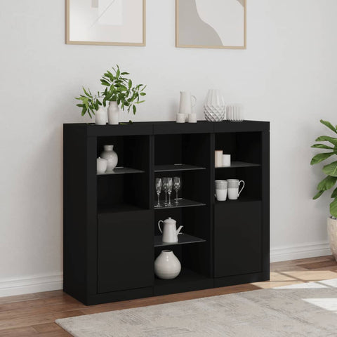 vidaXL Sideboards mit LED-Leuchten 3 Stk. Schwarz Holzwerkstoff