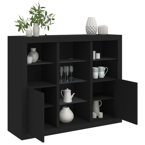 vidaXL Sideboards mit LED-Leuchten 3 Stk. Schwarz Holzwerkstoff