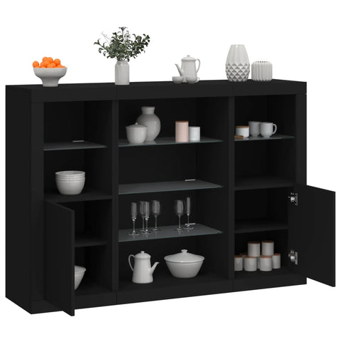 vidaXL Sideboards mit LED-Leuchten 3 Stk. Schwarz Holzwerkstoff