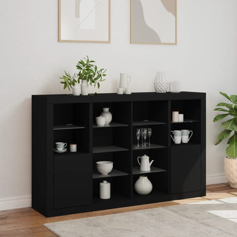 vidaXL Sideboards mit LED-Leuchten 3 Stk. Schwarz Holzwerkstoff