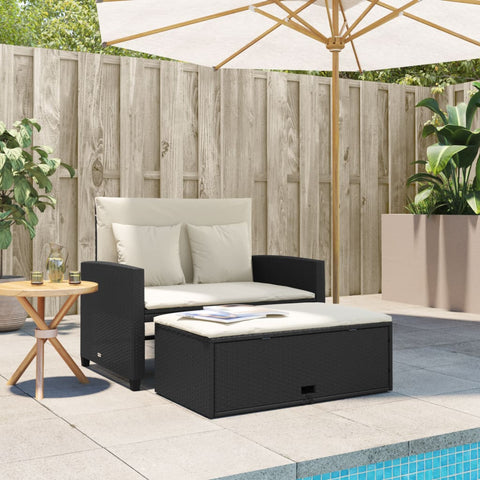 vidaXL Gartensofa mit Kissen 2-Sitzer Schwarz Poly Rattan