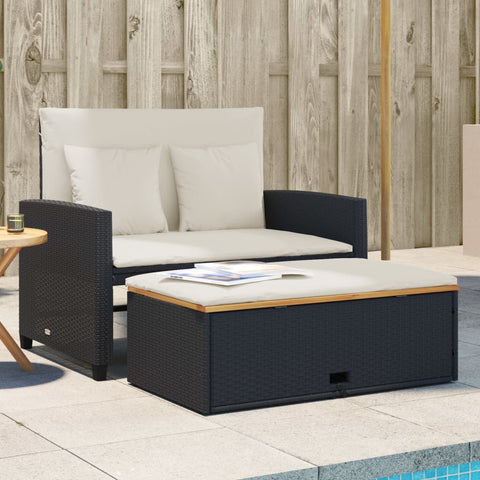 vidaXL Gartensofa mit Kissen 2-Sitzer Schwarz Poly Rattan&Akazienholz