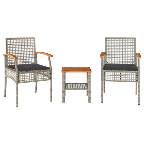 3-tlg. Bistro-Set mit Kissen Grau Poly Rattan Akazienholz