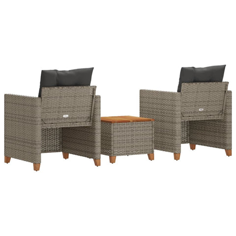 3-tlg. Bistro-Set mit Kissen Grau Poly Rattan Akazienholz