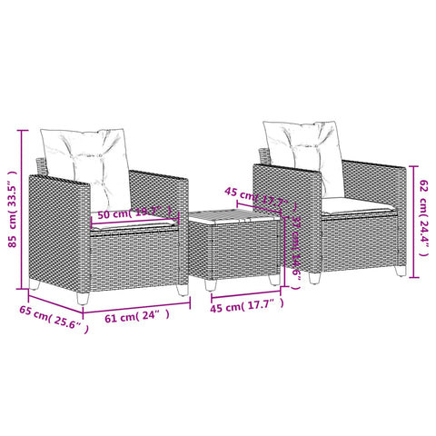 3-tlg. Bistro-Set mit Kissen Grau Poly Rattan Akazienholz