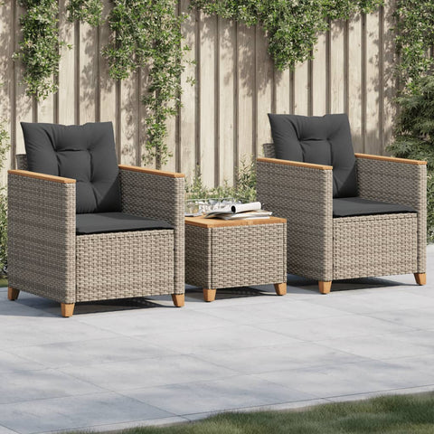 3-tlg. Bistro-Set mit Kissen Grau Poly Rattan Akazienholz