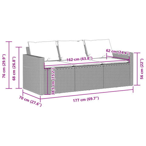 vidaXL Gartensofa mit Kissen 3-Sitzer Braun Poly Rattan